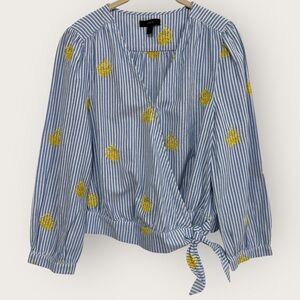 J. Crew Pineapple Embroidered Wrap Blouse Top Women's Medium Blue Stripe Shirt